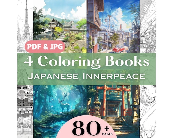 Coloring Pages Bundle Japan Anime Style Summer Japanese Countryside Retro Shrine Cityscape Coloring Book Set