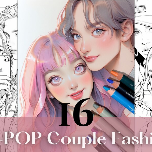 K-pop Lovers Birthday Gift Idea Couple Fashion Coloring Pages Printable Kpop Girl Boy Coloring Book Pages for Teens Girls Asian Korean Print