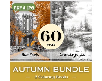 Grayscale Autumn Coloring Book Pages Bundle Countryside & New York City Printable Coloring Books Fall Countryside Nature PDF Download
