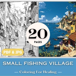 Ghibli Style Coloring Pages Small Fishing Village European Cityscape Coloring Book Pages Italian Harbor Art Print  Coloring Book Anime.
