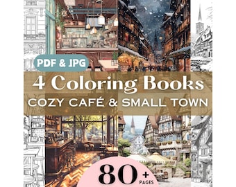 Paquete de páginas para colorear en escala de grises. Idea de regalo de cumpleaños para amantes del café. Libro para colorear de paisaje urbano de un pequeño pueblo alemán. Páginas para colorear de Navidad blanca.