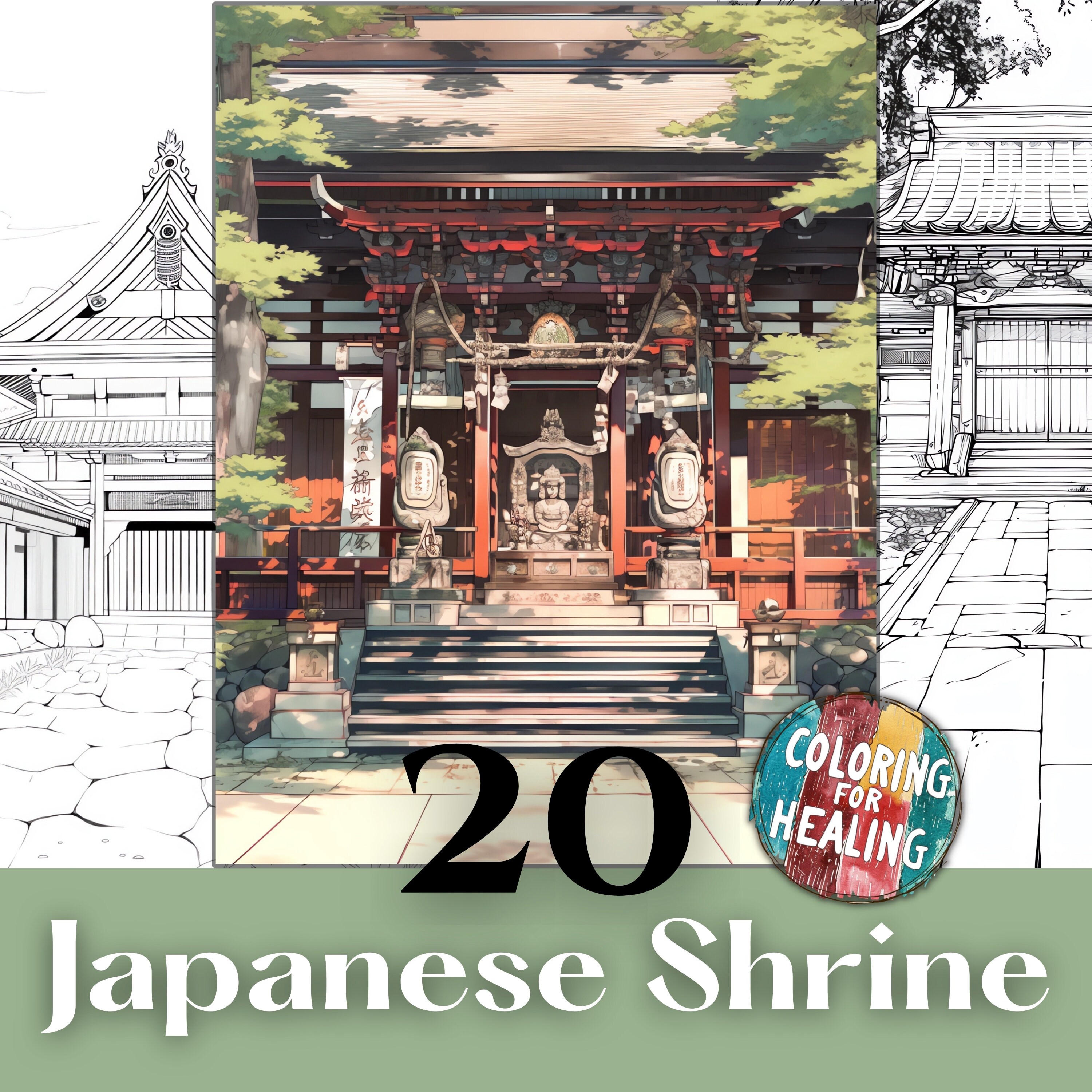 Grayscale Coloring Pages Japanese Shrine Temple Printable Mindfulness ...