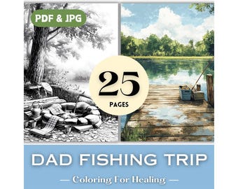 Father's Day Gift Idea Fishing Trip with Dad Countryside Coloring Pages Summer Lake Boat Landscape Coloring Book Pages Printable Art Prints.