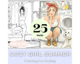 Healing Cozy Moments Mindfulness Coloring Pages Summer Girl Printable Home Meditation Coloring Book Pages Cat Girls Birthday Gift Download