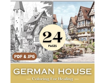 Grayscale Coloring Pages Small Village German Alsace Architecture Coloring Book Pages for Adults Women Art Print Coloring Instant Download