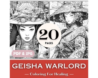 Asian Art Coloring Pages Japanese Geisha Warlord Printable Grayscale Coloring Pages for Adults Gift Japan Manga Ukiyoe Hokusai Download PDF.
