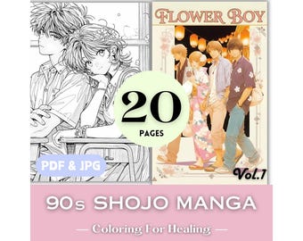 90s Shojo Manga Lovers Birthday Gift Coloring Pages Flower Boy Vintage Japanese Anime Manga Girls Couple Coloring Book Retro Teen Japan Girl