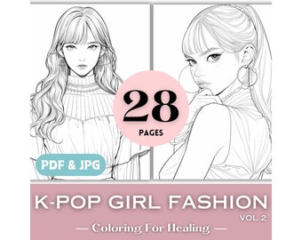 Coloring Pages Kpop Girl Fashion Printable K-pop Beauty Coloring Book Pages for Teens Girls Birthday Gift Ideas Asian Korean Print Download.