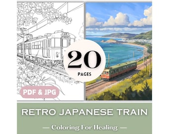 Anime Lovers Birthday Gift Idea Coloring Pages Retro Japanese Train Countryside Cityscape Architecture Coloring Book Page Download PDF