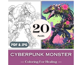 Floral Cyberpunk Monster Coloring Pages Digital Coloring Book Printable Robot Dinosaur Designs PDF JPG