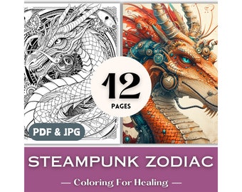 Steampunk Zodiac Signs Chinese New Year Lunar Asian Mysterious Monster Coloring Pages Dragon Japan Culture Gift Printable Coloring Pages Kid