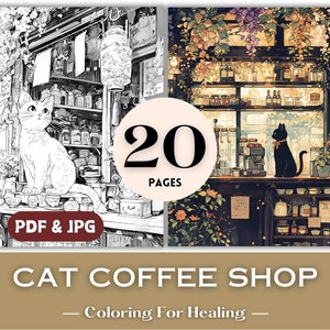猫好きへのギフト 動物のぬり絵 猫のコーヒーショップの猫 印刷可能な花柄カフェの猫 大人向けのジブリぬり絵 ボヘミアン動物ダウンロード
