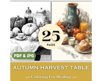Harvest Autumn Countryside Coloring Pages Thanksgiving Grayscale Coloring Book Pages Pumpkin Cozy Nostalgic Food Grandma Printable Prints