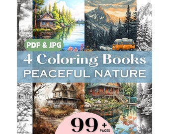 Paquete de páginas para colorear en escala de grises, regalo de cumpleaños para papá, páginas para colorear de paisajes campestres, libro para colorear de paisajes de casas de lago de verano, conjunto de naturaleza pacífica