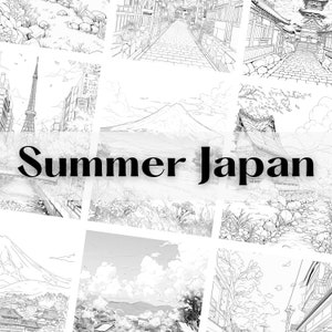 Puede incluir: Una ilustraci&oacute;n en blanco y negro de varias escenas del verano en Jap&oacute;n. Las im&aacute;genes incluyen una calle tradicional japonesa, una vista del monte Fuji y una ciudad con una torre.