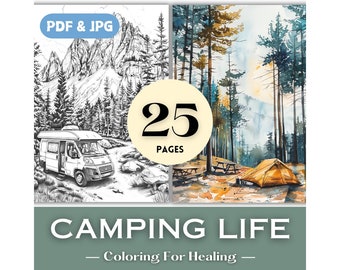 Dad Birthday Gift Idea Camping Car Grayscale Coloring Pages Landscape Coloring Book Pages Grandpa Camping Printable Art Prints PDF Download
