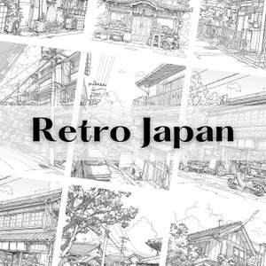 Puede incluir: Ilustraci&oacute;n en blanco y negro de l&iacute;nea de arte de un barrio japon&eacute;s retro con casas tradicionales, calles y l&iacute;neas el&eacute;ctricas. El texto "Retro Japan" est&aacute; escrito en negrita en el centro de la imagen.