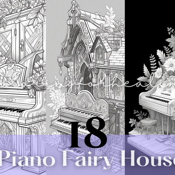 Grayscale  Coloring Pages Floral Piano Fairy House Magical Printable Coloring Pages for Adults Women Mom Gift for Her PDF Instant Download