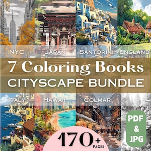 Cityscape Coloring books Bundle European Village Japan Hawaii Italy Architecture Coloring Book Pages for Adults Art Print City Coloring