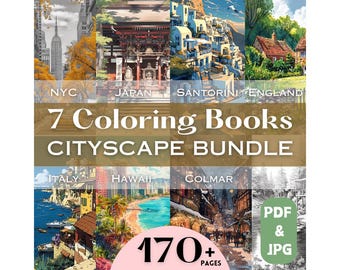 Cityscape Coloring books Bundle European Village Japan Hawaii Italy Architecture Coloring Book Pages for Adults Art Print City Coloring