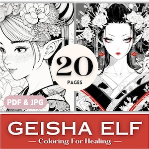Grayscale Coloring Pages Geisha Elf Printable Japanese Kimono Coloring Book Pages for Adults Women Gift Asian Anime Print Instant Download.