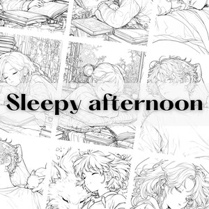 May include: Black and white illustration with the text "Sleepy afternoon". The image is a collage of sketches depicting people sleeping, some with books and pets. The style is reminiscent of manga or anime.