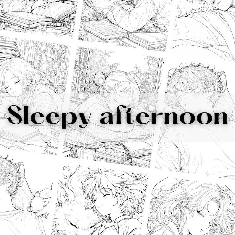 May include: Black and white illustration with the text "Sleepy afternoon". The image is a collage of sketches depicting people sleeping, some with books and pets. The style is reminiscent of manga or anime.