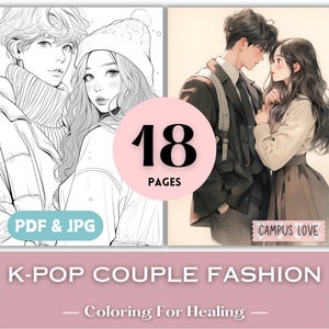 K-pop Campus Love Birthday Gift Idea Student Couple Fashion Coloring Pages Printable Kpop Coloring Book Teens Girls Asian Korean Oppa Art.