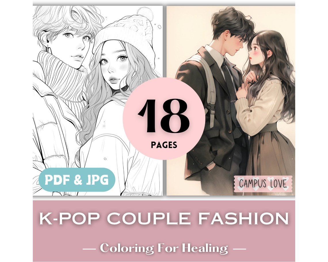 K-pop Campus Love Birthday Gift Idea Student Couple Fashion Coloring Pages Printable Kpop Coloring Book Teens Girls Asian Korean Oppa Art.