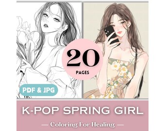 Spring Coloring Pages Kpop Girl Fashion Printable K-pop Coloring Book for Teens Girls Birthday Gift Floral Spring Korean Print Download