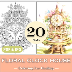 Grayscale Coloring Pages Floral Clock Fairy House Printable Floral Coloring Book Ghibli Magic Fantasy House Digital PDF Instant Download