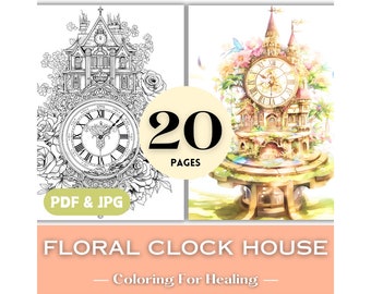 Floral Clock House Coloring Pages: Ghibli Fantasy Art (Digital PDF)