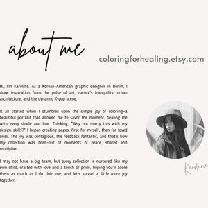 Puede incluir: Foto en blanco y negro de una mujer con un sombrero y una chaqueta. El texto "about me" y "coloringforhealing.etsy.com" es visible en la parte superior de la imagen. El texto "Karoline" es visible en la parte inferior de la imagen.