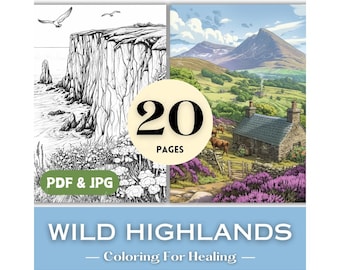 Dad Birthday Gift Idea Scotland Highlands Coloring Pages Wild Rural Nature Landscape Coloring Book Pages Cliffs Waterfalls Printable Art PDF