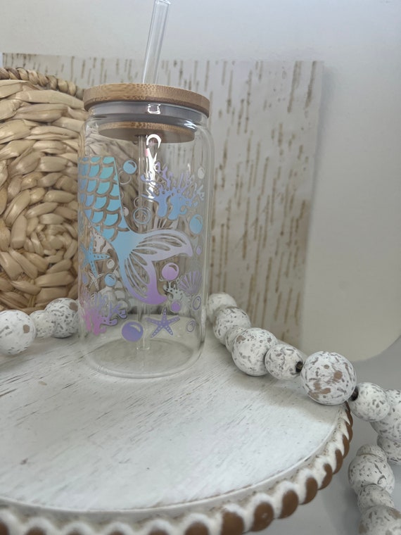 Mermaid Vibes 16oz. Glass Cup and Straw with Bamboo Lid
