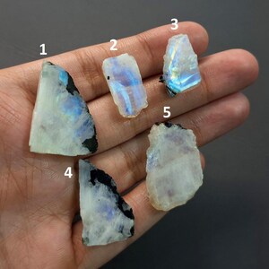 May include: Five raw moonstone crystals with iridescent blue and white flashes are shown. Each stone has a rough, natural texture with dark grey or black inclusions. The stones are held in a hand against a dark background.