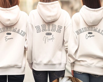 Trendy Bride & Bridesmaids Zip Up Hoodie, Personalized Full-Zip Honeymoon Jacket, Oversized University Style Front Back Print in many Colors