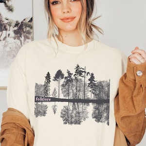 Trendy Folklore Shirt, Women's Crewneck: Aesthetic Boho Music Tshirt, Forest Lake Reflection Graphic Tee, Unique Birthday Gift for Daughter