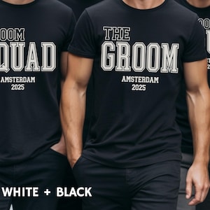 Groom Squad T-Shirt, Trendy Bachelor Party Weekend Outfit Personalized Men's Gift Custom Wedding Crew Tee Varsity Aesthetic Stag Do Apparel
