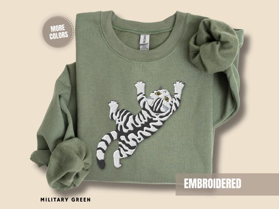 Funny Cat Sweatshirt Embroidered Grey Tabby Kitty Jumper Cute Cat Lover Gift for Women Climbing Kitten Sweater Mothers Day Cat Ladies Top
