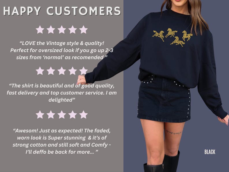 Customer review image showing happy customers wearing embroidered horse sweatshirts