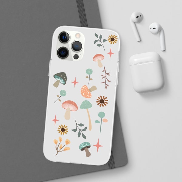 Cute Boho Mushrooms and Flowers Phone Case Gift for Girlfriend or Daughter, Flexi Semi Transparent Cases with Gift Package option