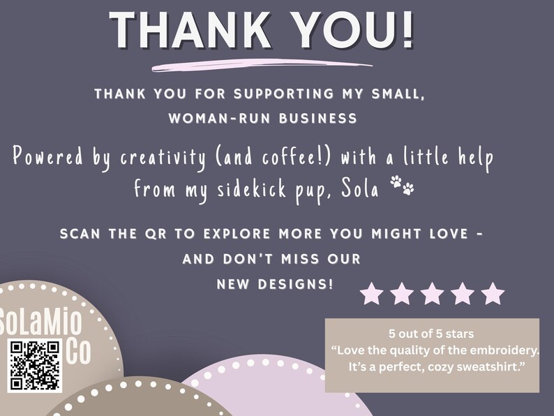 Thank you slide for Sola Mio Co GRUMPH buffalo shirt order with small woman run business message.