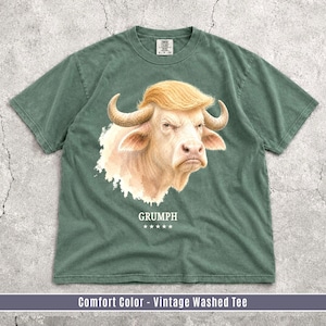Moss Comfort Colors GRUMPH buffalo graphic T-shirt flat lay with funny grumpy bull design.