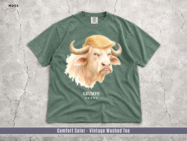 Moss Comfort Colors GRUMPH buffalo graphic T-shirt flat lay with funny grumpy bull design.