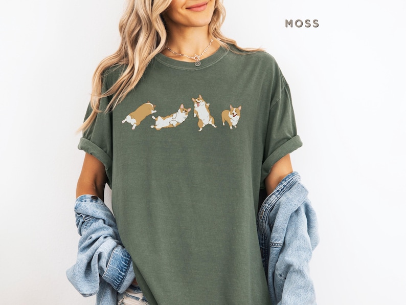 Cute Corgi Tshirt Unisex Comfort Color Tee Aesthetic Dog Lover Shirt Funny Welsh Corgi Top Mothers Fathers Day Gift for Corgi Dad Tee in Moss Color