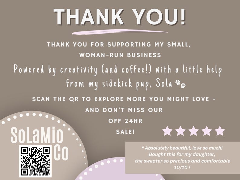 Thank you card included with embroidered United States 250th anniversary cap order from small business.