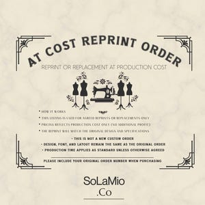 Könnte beinhalten: Cremefarbene Grafik mit dem Text "AT COST REPRINT ORDER" und Details zu Nachdrucken. Enthält eine Nähmaschinen- und Schneiderpuppen-Illustration. Das Logo SoLaMio .Co befindet sich unten.
