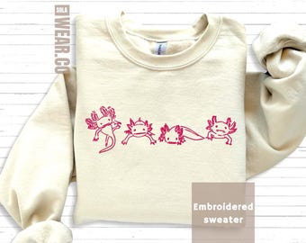 Axolotl Sweatshirt Embroidered Jumper Kawaii Animal Shirt Cute Pet Gift Idea Daughter Birthday Present Teen Fan Apparel Quirky Amphibian