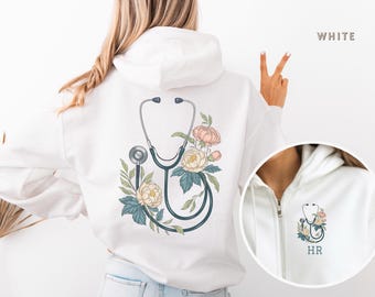 Custom Floral Stethoscope Zip Up Hoodie Doctor or Nurse Medical Graduation Gift Women's Nursing School Hooded Sweatshirt Floral Nurse Shirt